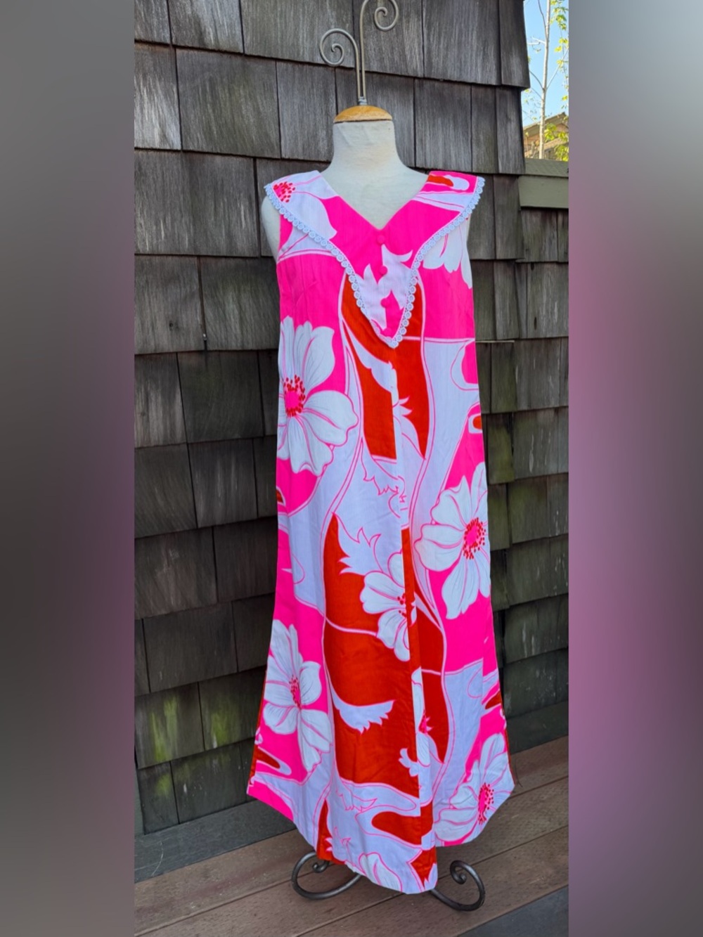 Vintage Reef Hawaii MuuMuu maxi dress neon pink orange white floral Sz small